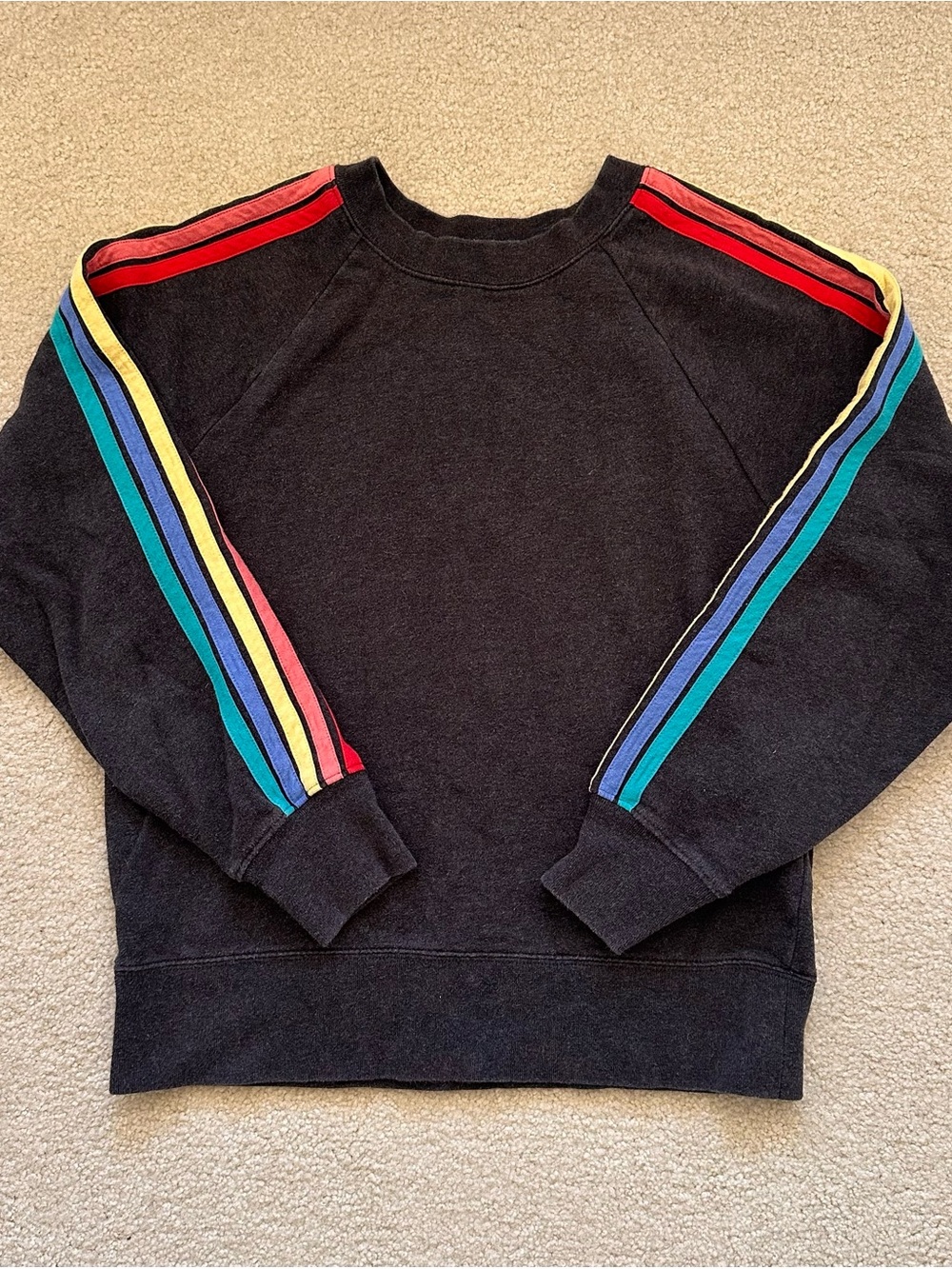 Women’s GAP Crewneck Sweatshirt (Rainbow Sleeve Stripes) — Charcoal Gray, XS